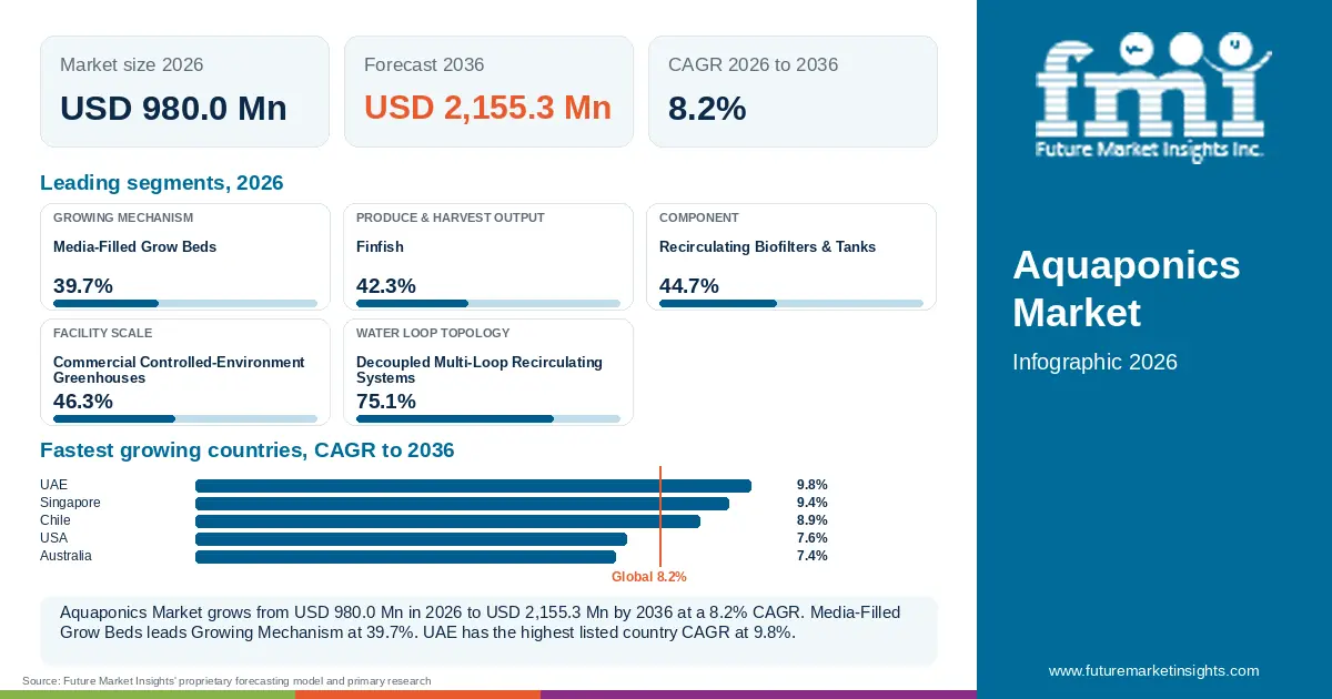 At a glance: Aquaponics Market, USD 980.0 Mn in 2026, USD 2,155.3 Mn by 2036 and 8.2% CAGR; 5 displayed segment leaders and 5 listed country CAGRs. At a glance: Aquaponics Market, USD 980.0 Mn in 2026, USD 2,155.3 Mn by 2036 and 8.2% CAGR; 5 displayed segment leaders and 5 listed country CAGRs.