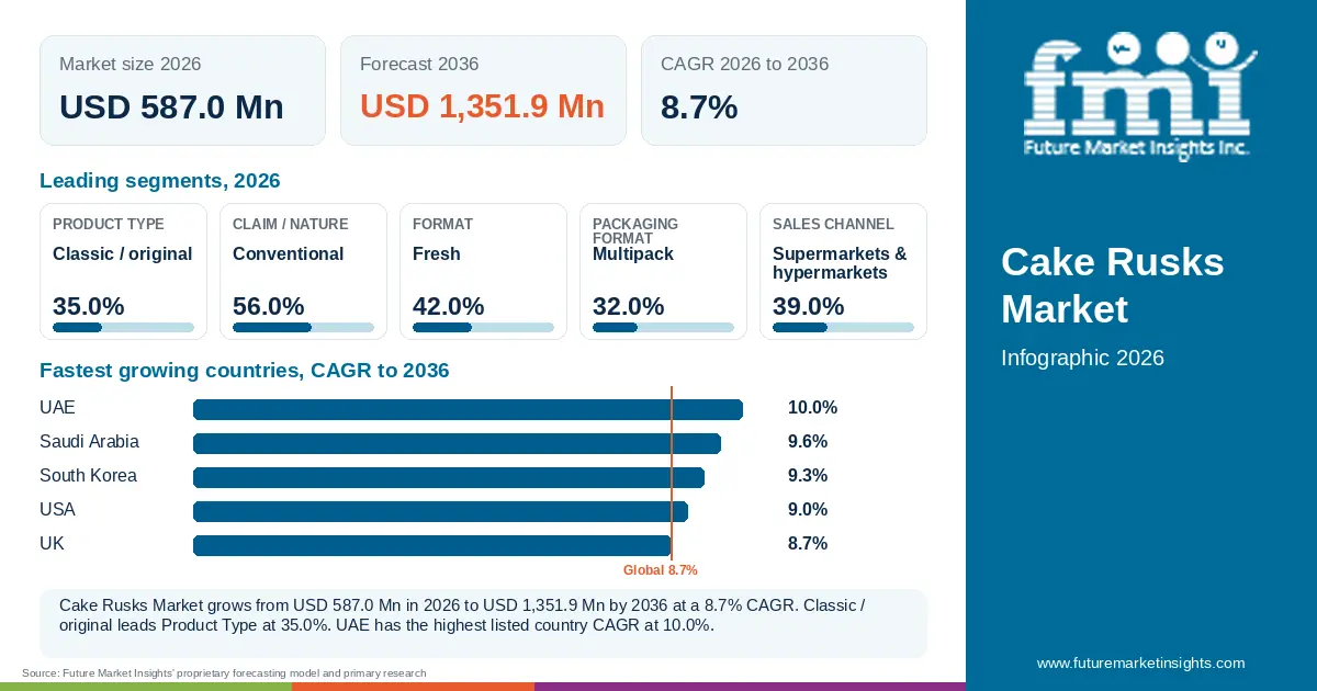 At a glance: Cake Rusks Market, USD 587.0 Mn in 2026, USD 1,351.9 Mn by 2036 and 8.7% CAGR; 5 displayed segment leaders and 5 listed country CAGRs. At a glance: Cake Rusks Market, USD 587.0 Mn in 2026, USD 1,351.9 Mn by 2036 and 8.7% CAGR; 5 displayed segment leaders and 5 listed country CAGRs.