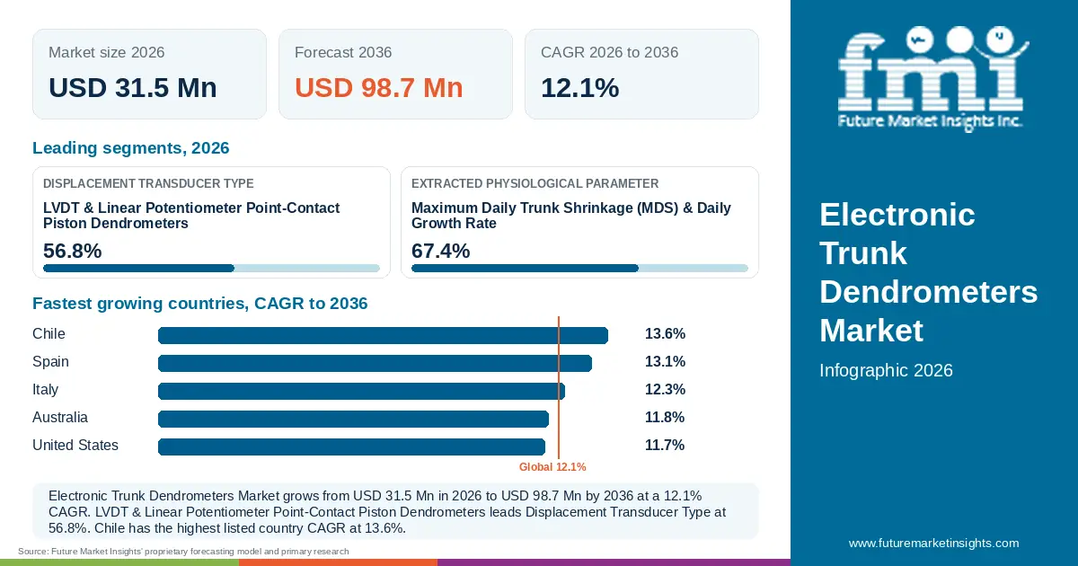 At a glance: Electronic Trunk Dendrometers Market, USD 31.5 Mn in 2026, USD 98.7 Mn by 2036 and 12.1% CAGR; 2 displayed segment leaders and 5 listed country CAGRs.