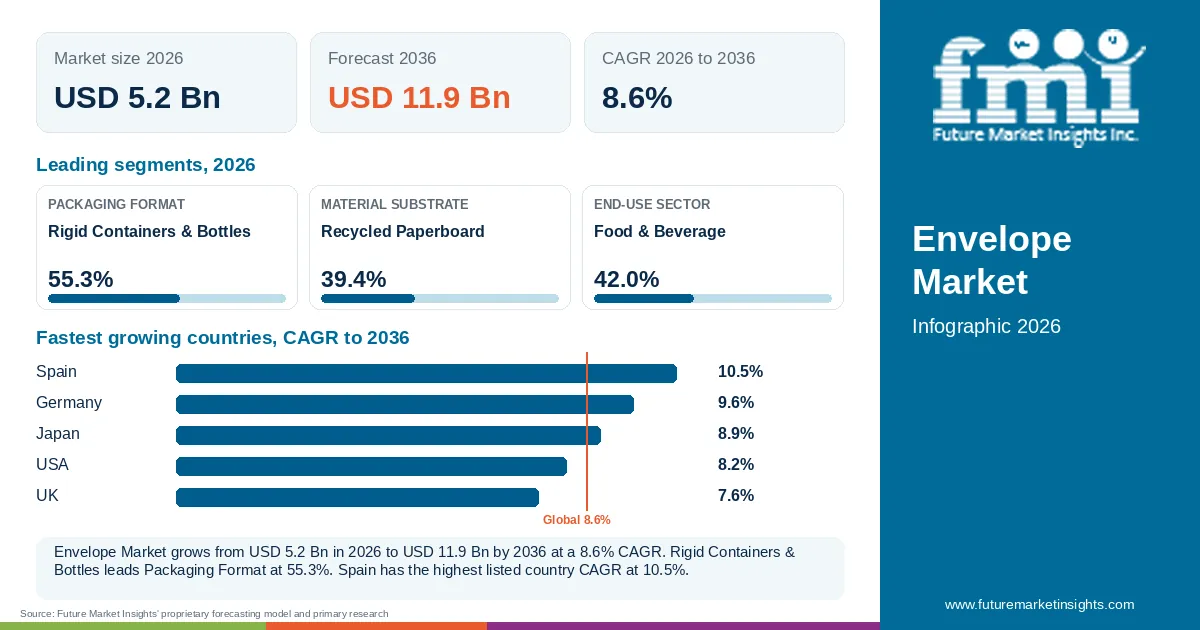 At a glance: Envelope Market, USD 5.2 Bn in 2026, USD 11.9 Bn by 2036 and 8.6% CAGR; 3 displayed segment leaders and 5 listed country CAGRs. At a glance: Envelope Market, USD 5.2 Bn in 2026, USD 11.9 Bn by 2036 and 8.6% CAGR; 3 displayed segment leaders and 5 listed country CAGRs.