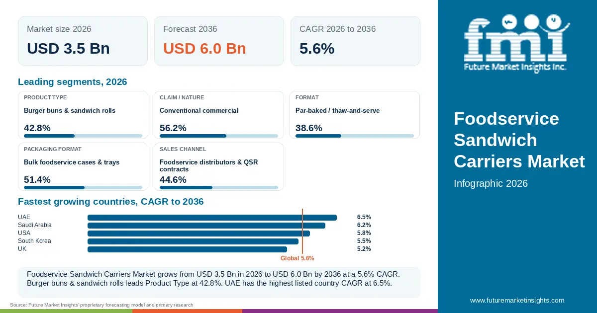 At a glance: Foodservice Sandwich Carriers Market, USD 3.5 Bn in 2026, USD 6.0 Bn by 2036 and 5.6% CAGR; 5 displayed segment leaders and 5 listed country CAGRs. At a glance: Foodservice Sandwich Carriers Market, USD 3.5 Bn in 2026, USD 6.0 Bn by 2036 and 5.6% CAGR; 5 displayed segment leaders and 5 listed country CAGRs.