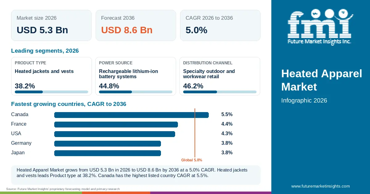 At a glance: Heated Apparel Market, USD 5.3 Bn in 2026, USD 8.6 Bn by 2036 and 5.0% CAGR; 3 displayed segment leaders and 5 listed country CAGRs.