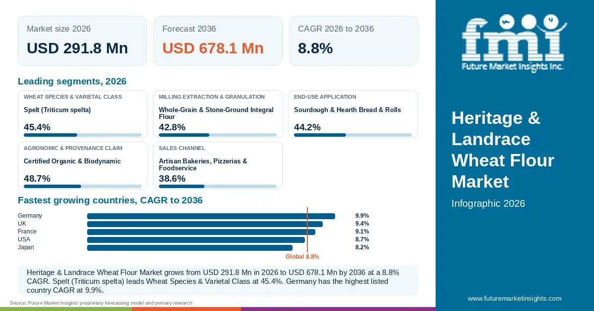 At a glance: Heritage & Landrace Wheat Flour Market, USD 291.8 Mn in 2026, USD 678.1 Mn by 2036 and 8.8% CAGR; 5 displayed segment leaders and 5 listed country CAGRs. At a glance: Heritage & Landrace Wheat Flour Market, USD 291.8 Mn in 2026, USD 678.1 Mn by 2036 and 8.8% CAGR; 5 displayed segment leaders and 5 listed country CAGRs.