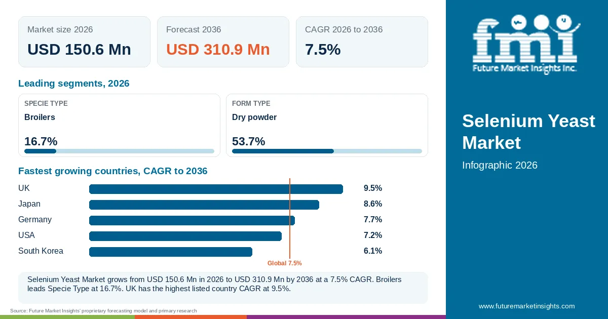 At a glance: Selenium Yeast Market, USD 150.6 Mn in 2026, USD 310.9 Mn by 2036 and 7.5% CAGR; 2 displayed segment leaders and 5 listed country CAGRs.