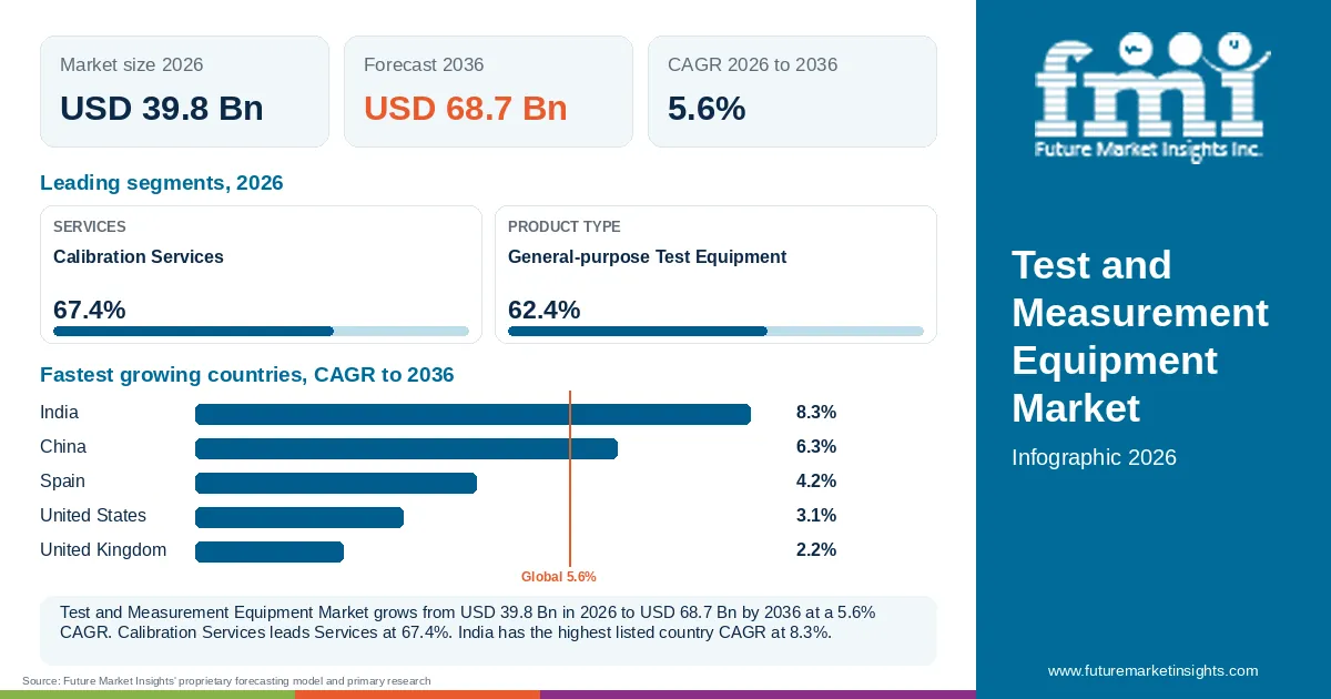 At a glance: Test and Measurement Equipment Market, USD 39.8 Bn in 2026, USD 68.7 Bn by 2036 and 5.6% CAGR; 2 displayed segment leaders and 5 listed country CAGRs. At a glance: Test and Measurement Equipment Market, USD 39.8 Bn in 2026, USD 68.7 Bn by 2036 and 5.6% CAGR; 2 displayed segment leaders and 5 listed country CAGRs.