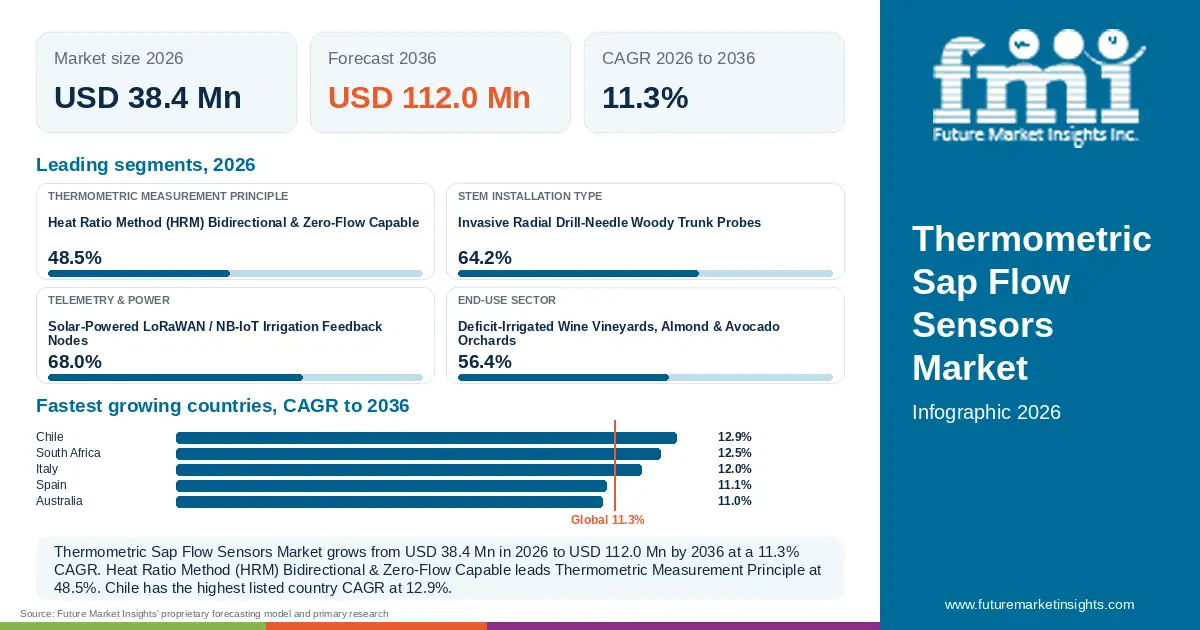 At a glance: Thermometric Sap Flow Sensors Market, USD 38.4 Mn in 2026, USD 112.0 Mn by 2036 and 11.3% CAGR; 4 displayed segment leaders and 5 listed country CAGRs.