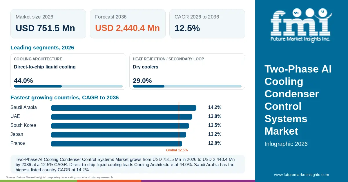 At a glance: Two-Phase AI Cooling Condenser Control Systems Market, USD 751.5 Mn in 2026, USD 2,440.4 Mn by 2036 and 12.5% CAGR; 2 displayed segment leaders and 5 listed country CAGRs. At a glance: Two-Phase AI Cooling Condenser Control Systems Market, USD 751.5 Mn in 2026, USD 2,440.4 Mn by 2036 and 12.5% CAGR; 2 displayed segment leaders and 5 listed country CAGRs.