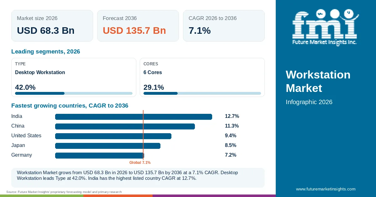 At a glance: Workstation Market, USD 68.3 Bn in 2026, USD 135.7 Bn by 2036 and 7.1% CAGR; 2 displayed segment leaders and 5 listed country CAGRs. At a glance: Workstation Market, USD 68.3 Bn in 2026, USD 135.7 Bn by 2036 and 7.1% CAGR; 2 displayed segment leaders and 5 listed country CAGRs.