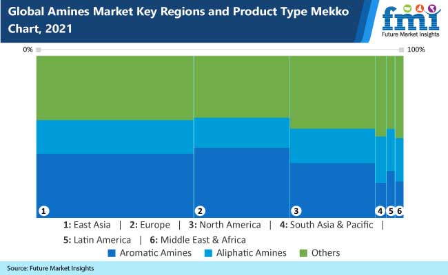 global amines market key regions and products type mekko chart,2021