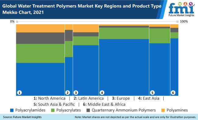 global water treatment polymers market key regions and product type mekko chart, 2021